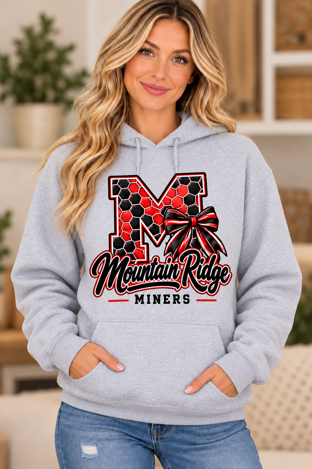 Mountain Ridge Miners Honeycomb Monogram Bow Sport Gray Hoodie female model mockup