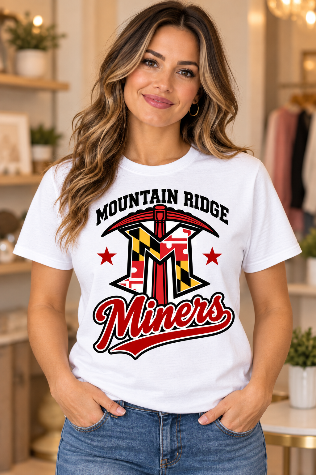 Mountain Ridge Miners Maryland Logo Script White T-Shirt female model mockup