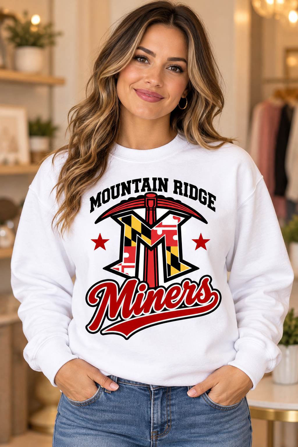 Mountain Ridge Miners Maryland Logo Script White Crewneck female model mockup