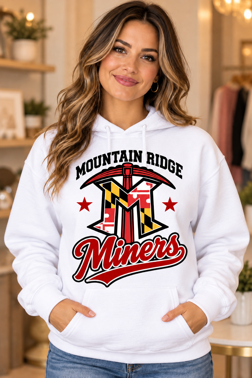 Mountain Ridge Miners Maryland Logo Script White Hoodie female model mockup