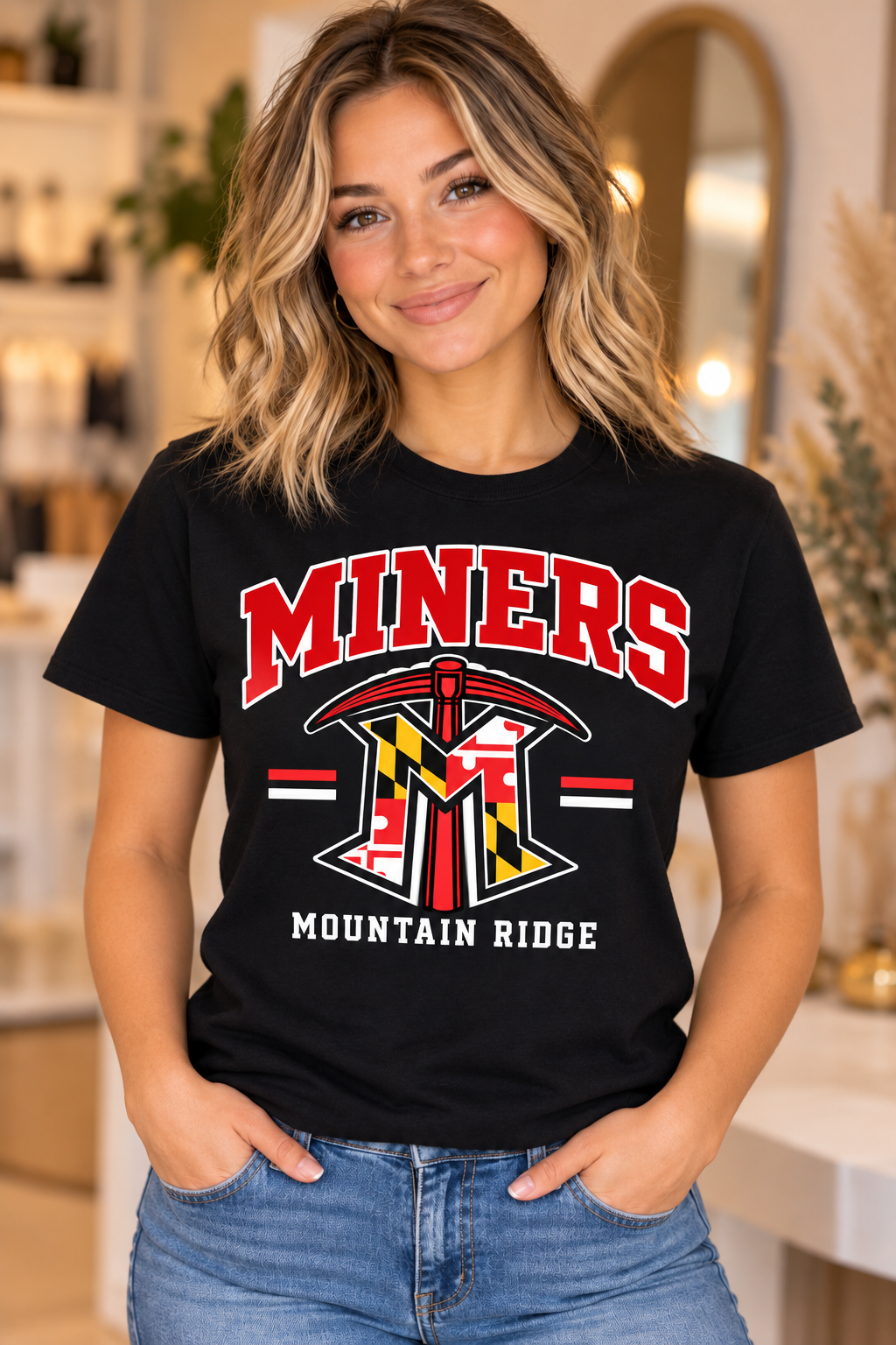 Mountain Ridge Miners Maryland Logo Varsity Black T-Shirt female model mockup