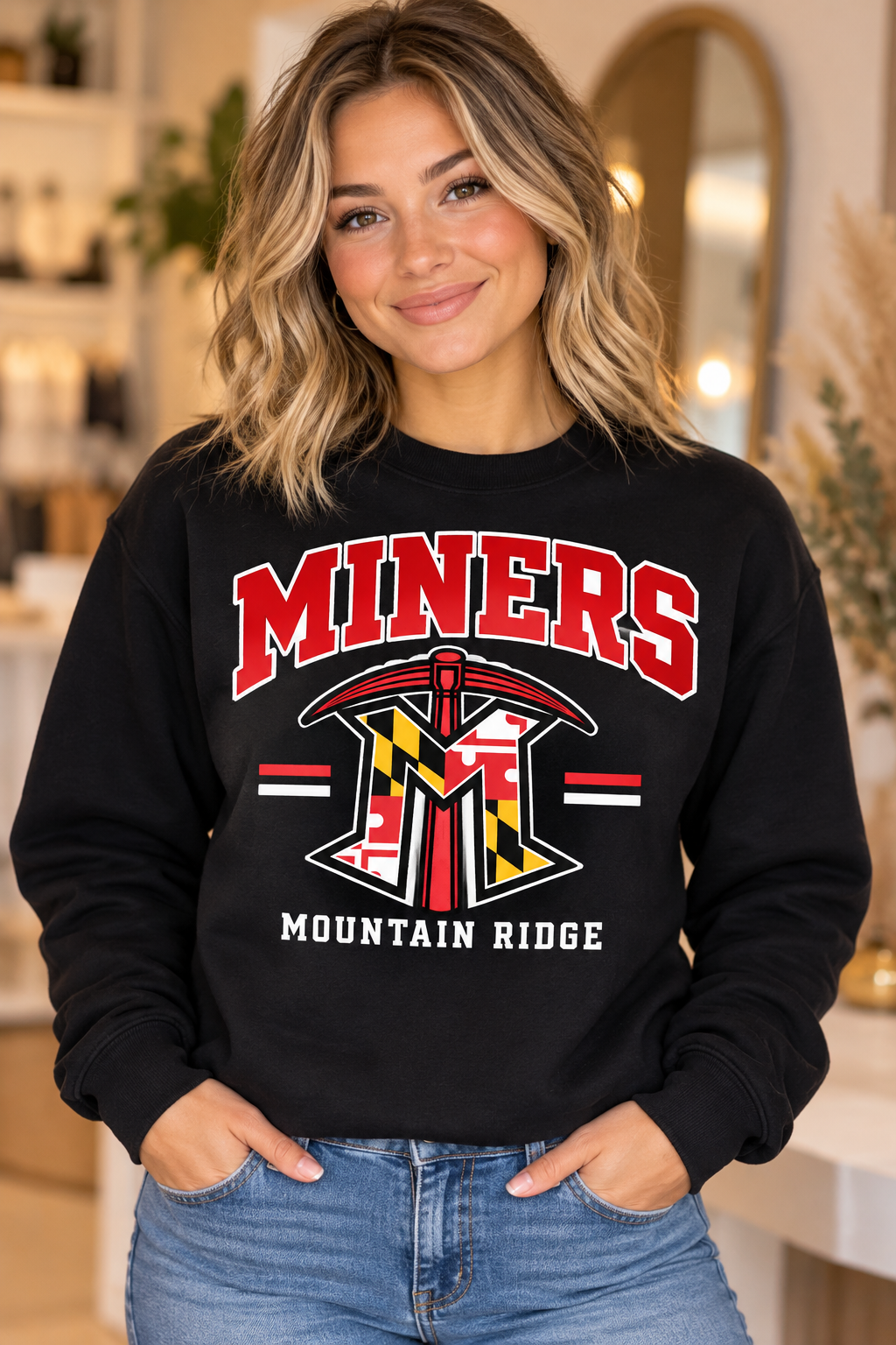 Mountain Ridge Miners Maryland Logo Varsity Black Crewneck female model mockup