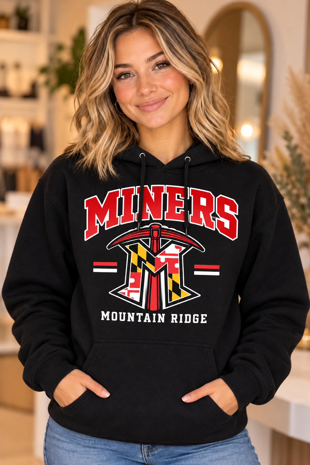 Mountain Ridge Miners Maryland Logo Varsity Black Hoodie female model mockup