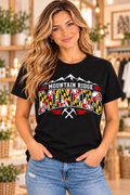 Mountain Ridge Miners Maryland Flag Mountain Power Black T-Shirt female model mockup