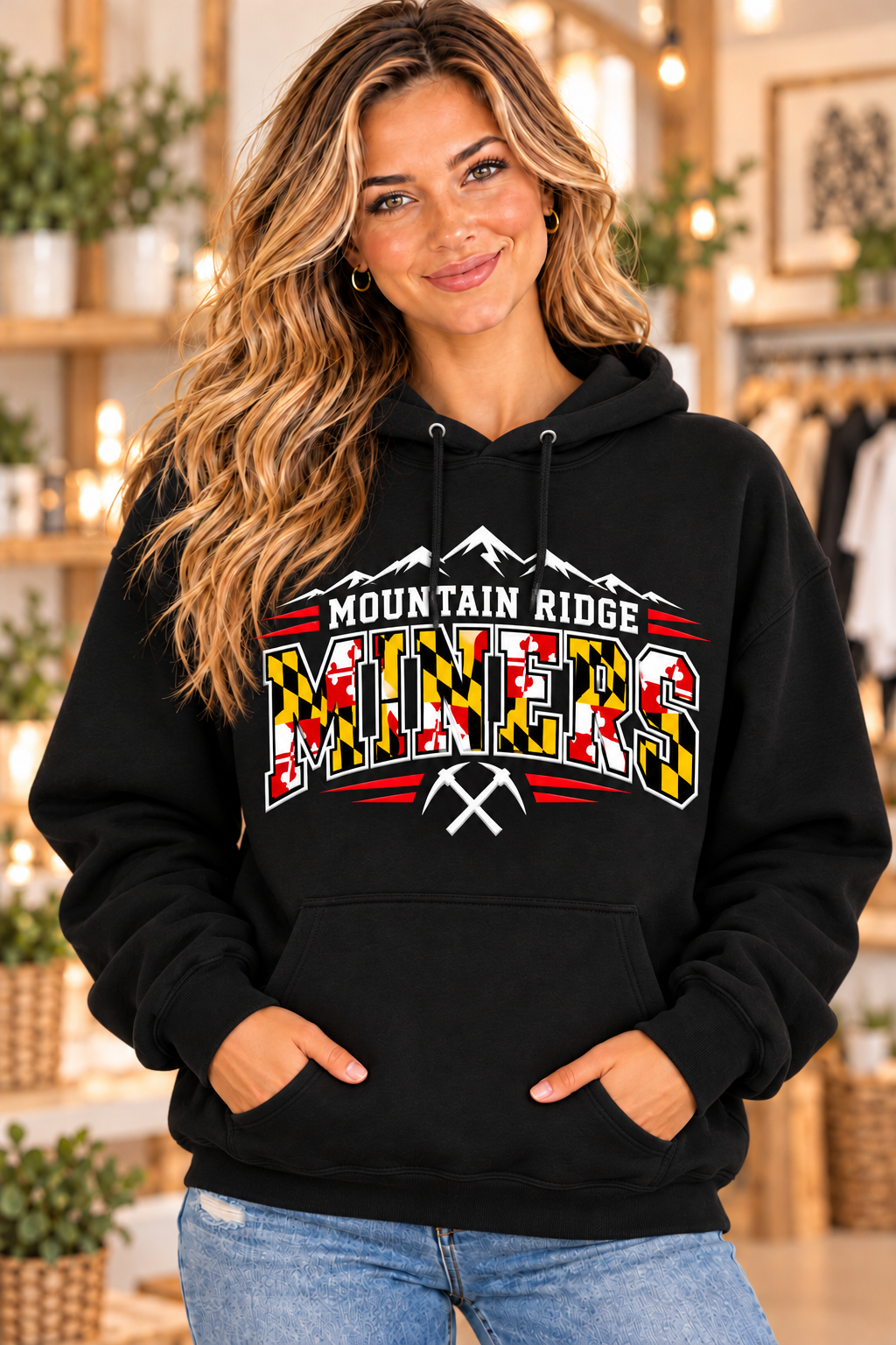 Mountain Ridge Miners Maryland Flag Mountain Power Black Hoodie female model mockup