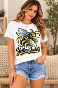 Moorefield Yellow Jackets Jacket Mascot Script White T-Shirt female model mockup