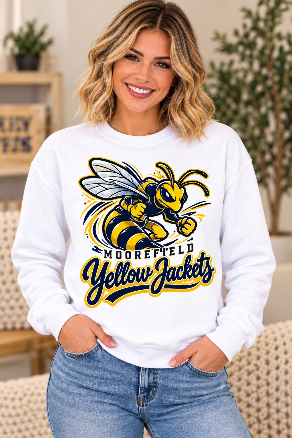 Moorefield Yellow Jackets Jacket Mascot Script White Crewneck female model mockup
