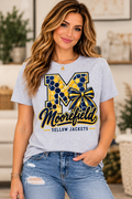 Moorefield Yellow Jackets Honeycomb Monogram Bow Sport Gray T-Shirt female model mockup