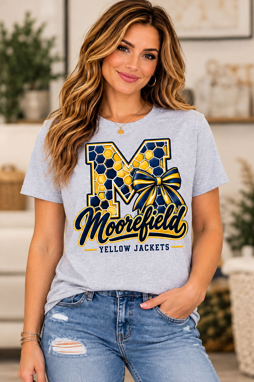 Moorefield Yellow Jackets Honeycomb Monogram Bow Sport Gray T-Shirt female model mockup