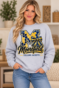 Moorefield Yellow Jackets Honeycomb Monogram Bow Sport Gray Crewneck female model mockup