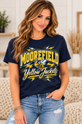 Moorefield Yellow Jackets Stinging Spirit Lightning Navy T-Shirt female model mockup