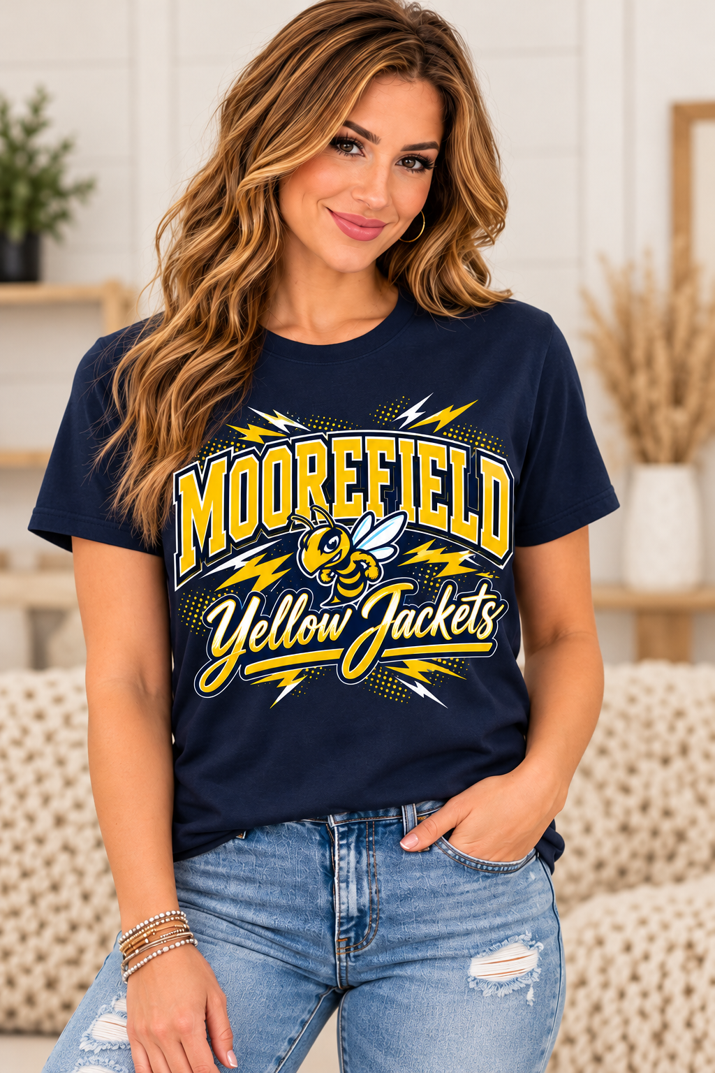 Moorefield Yellow Jackets Stinging Spirit Lightning Navy T-Shirt female model mockup