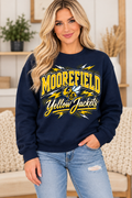 Moorefield Yellow Jackets Stinging Spirit Lightning Navy Crewneck female model mockup