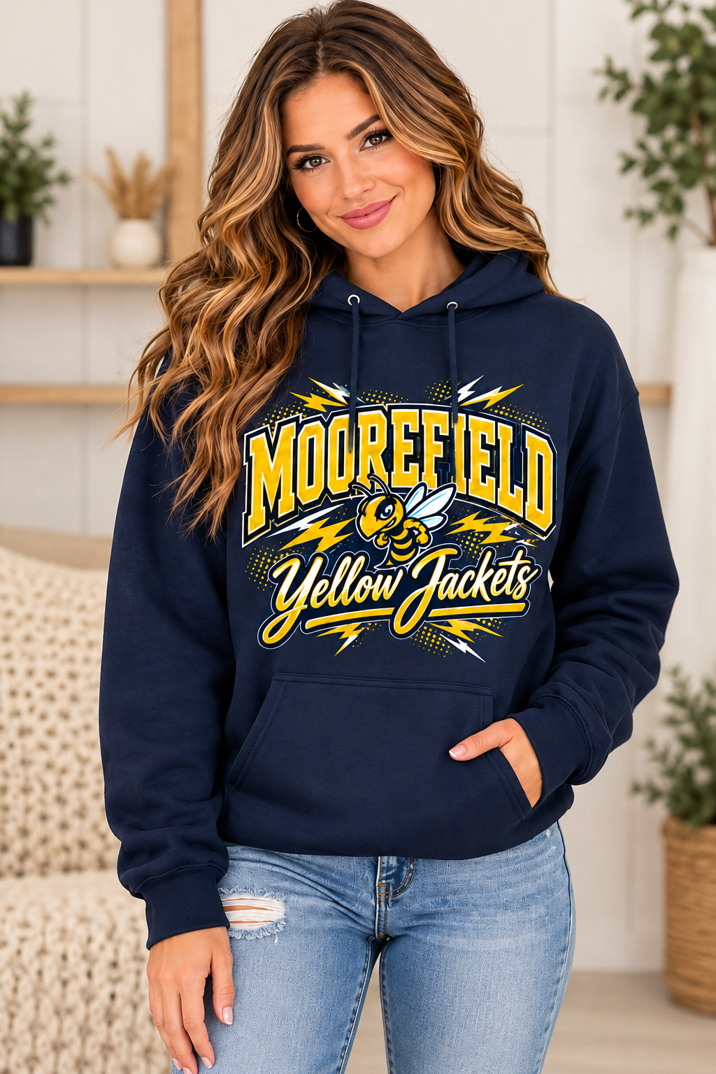 Moorefield Yellow Jackets Stinging Spirit Lightning Navy Hoodie female model mockup