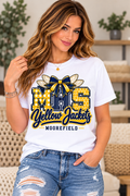 Moorefield Yellow Jackets Patchwork Flight White T-Shirt female model mockup