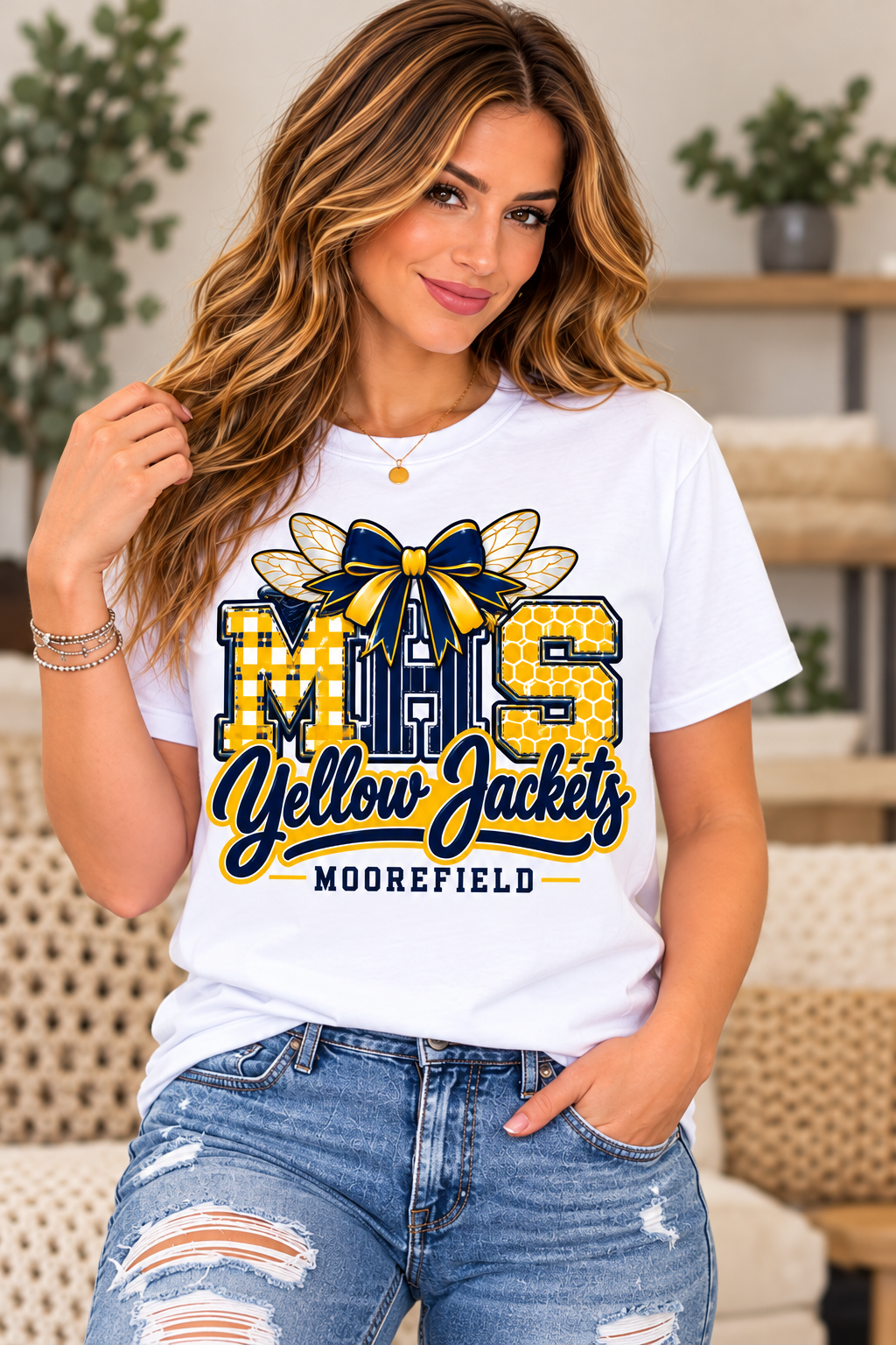 Moorefield Yellow Jackets Patchwork Flight White T-Shirt female model mockup