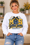 Moorefield Yellow Jackets Patchwork Flight White Crewneck female model mockup