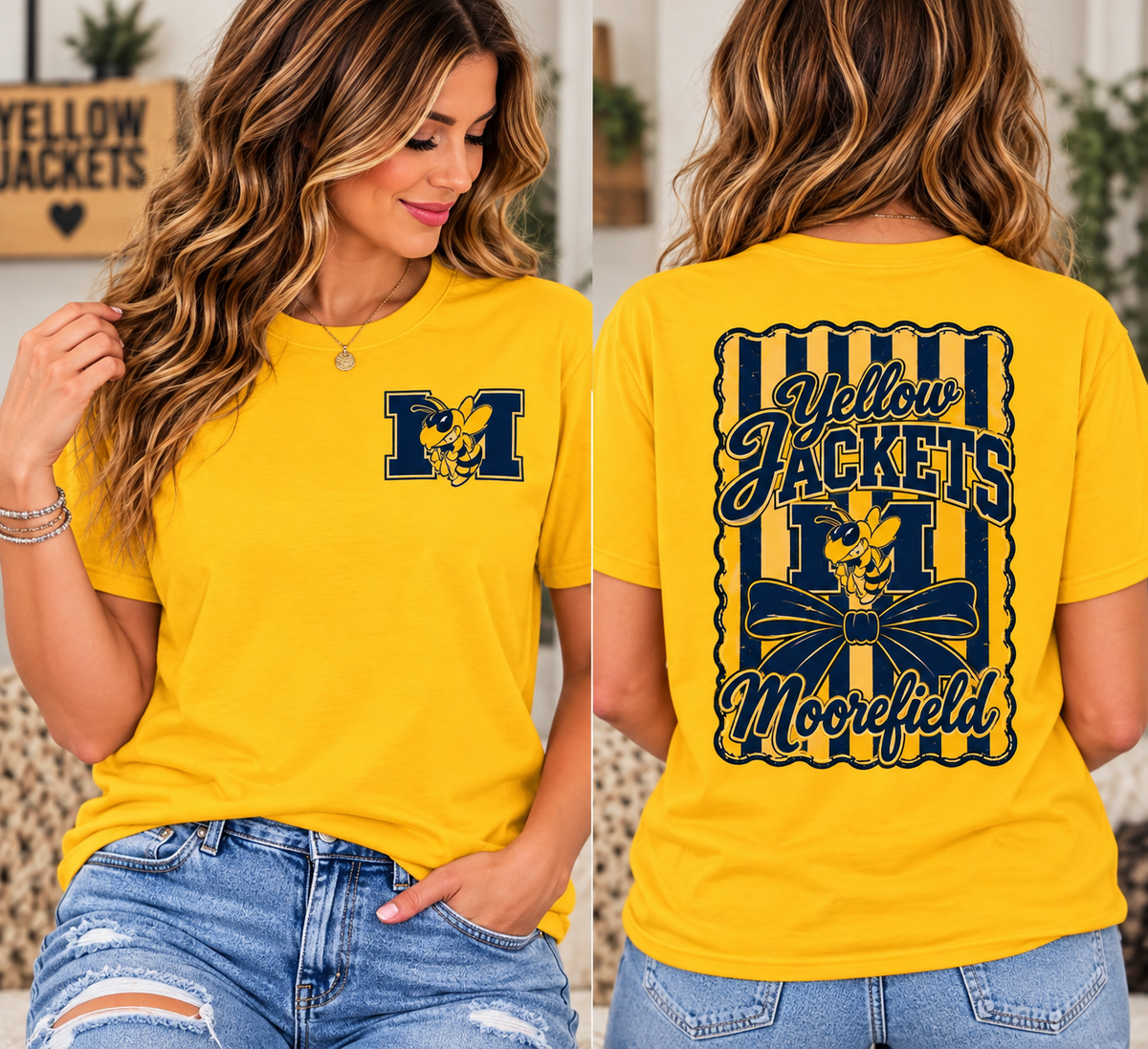 Moorefield Yellow Jackets yellow T-shirt front and back woman mockup