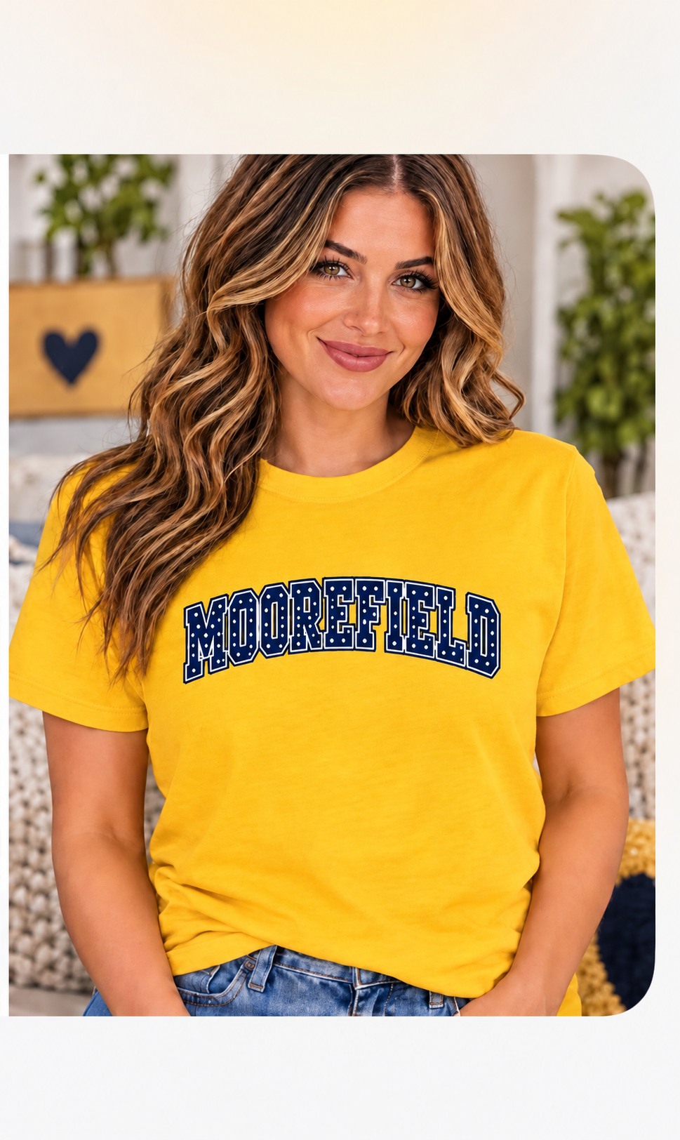 Yellow Moorefield tee with navy polka-dot lettering