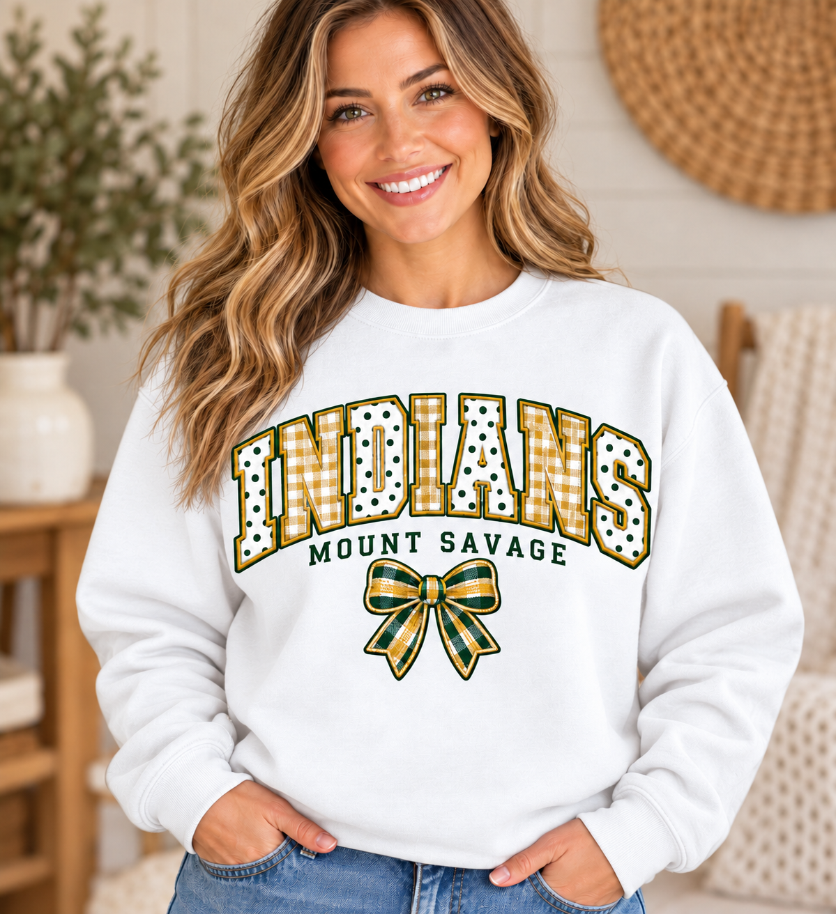 Mount Savage Indians Patchwork Bow White Crewneck