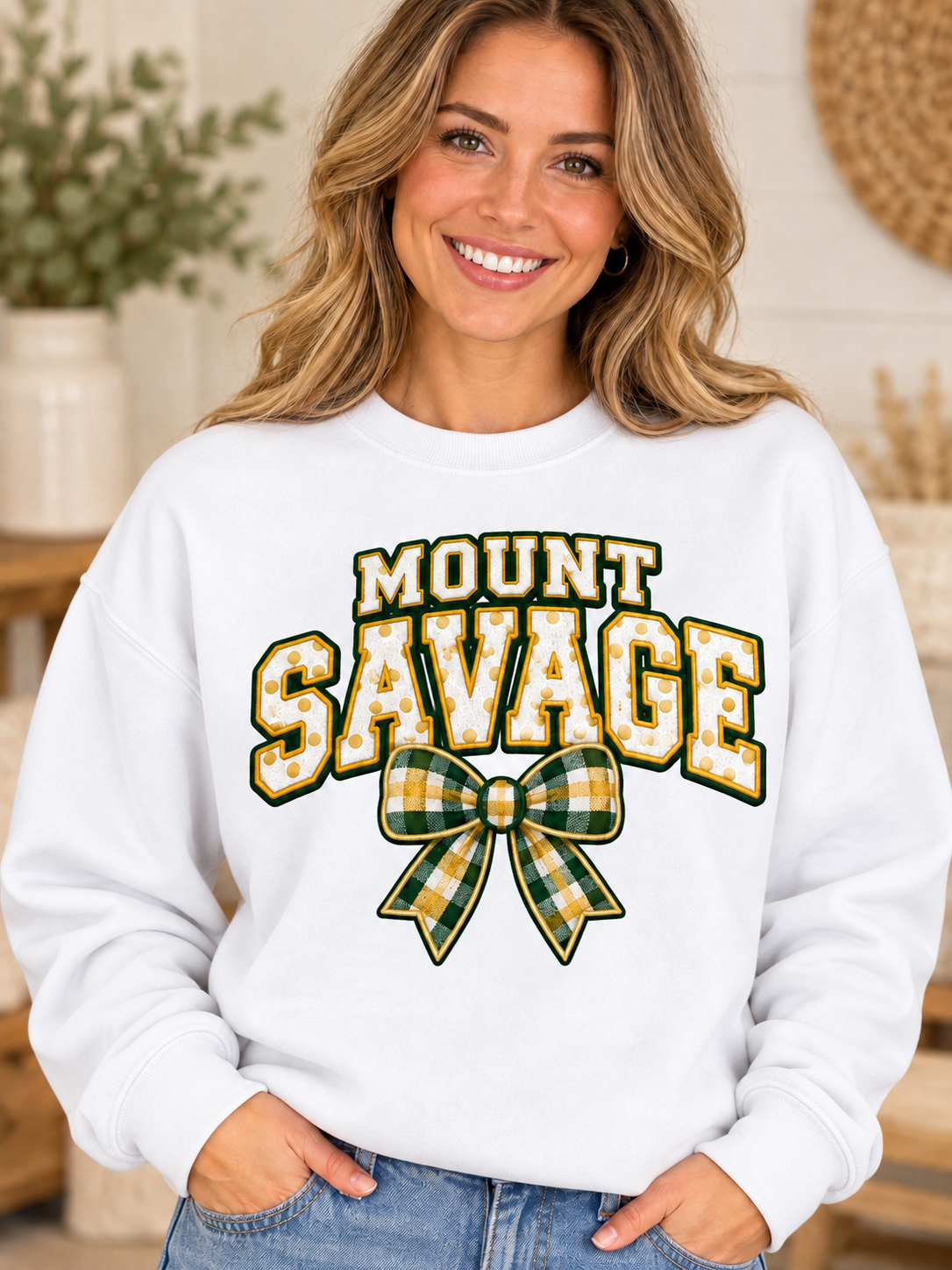 Mount Savage Gingham Bow White Crewneck