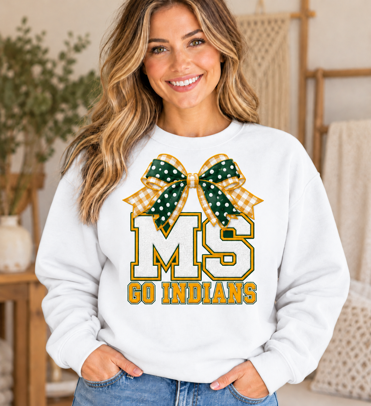 Mount Savage MS Go Indians Bow White Crewneck