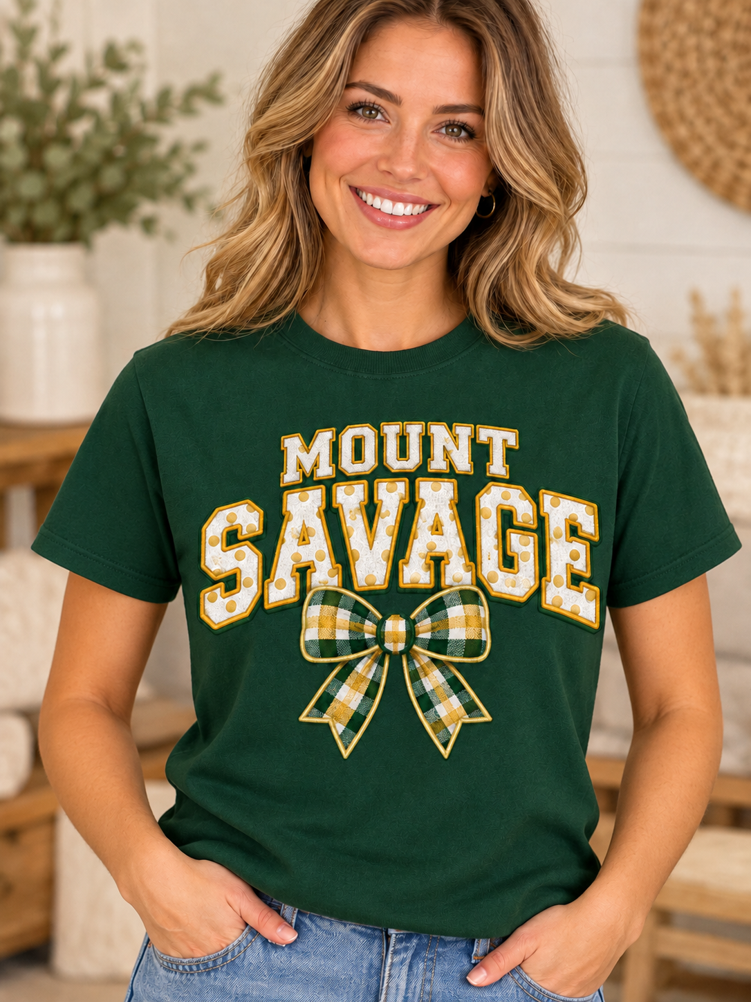 Mount Savage Gingham Bow Forest Green T-Shirt