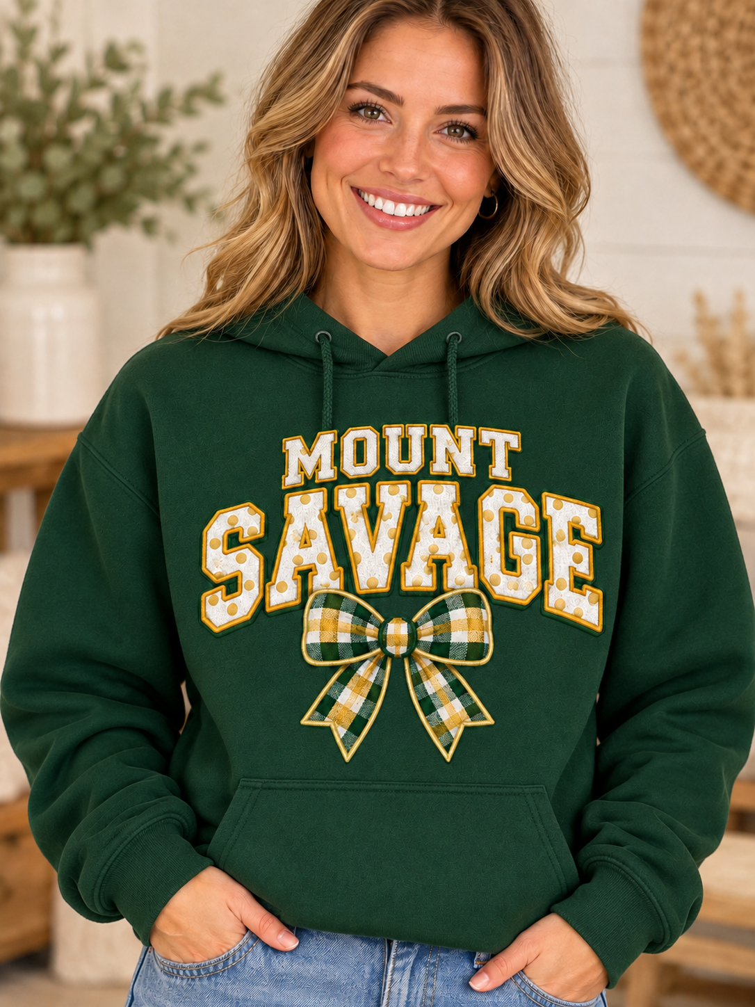 Mount Savage Gingham Bow Forest Green Hoodie