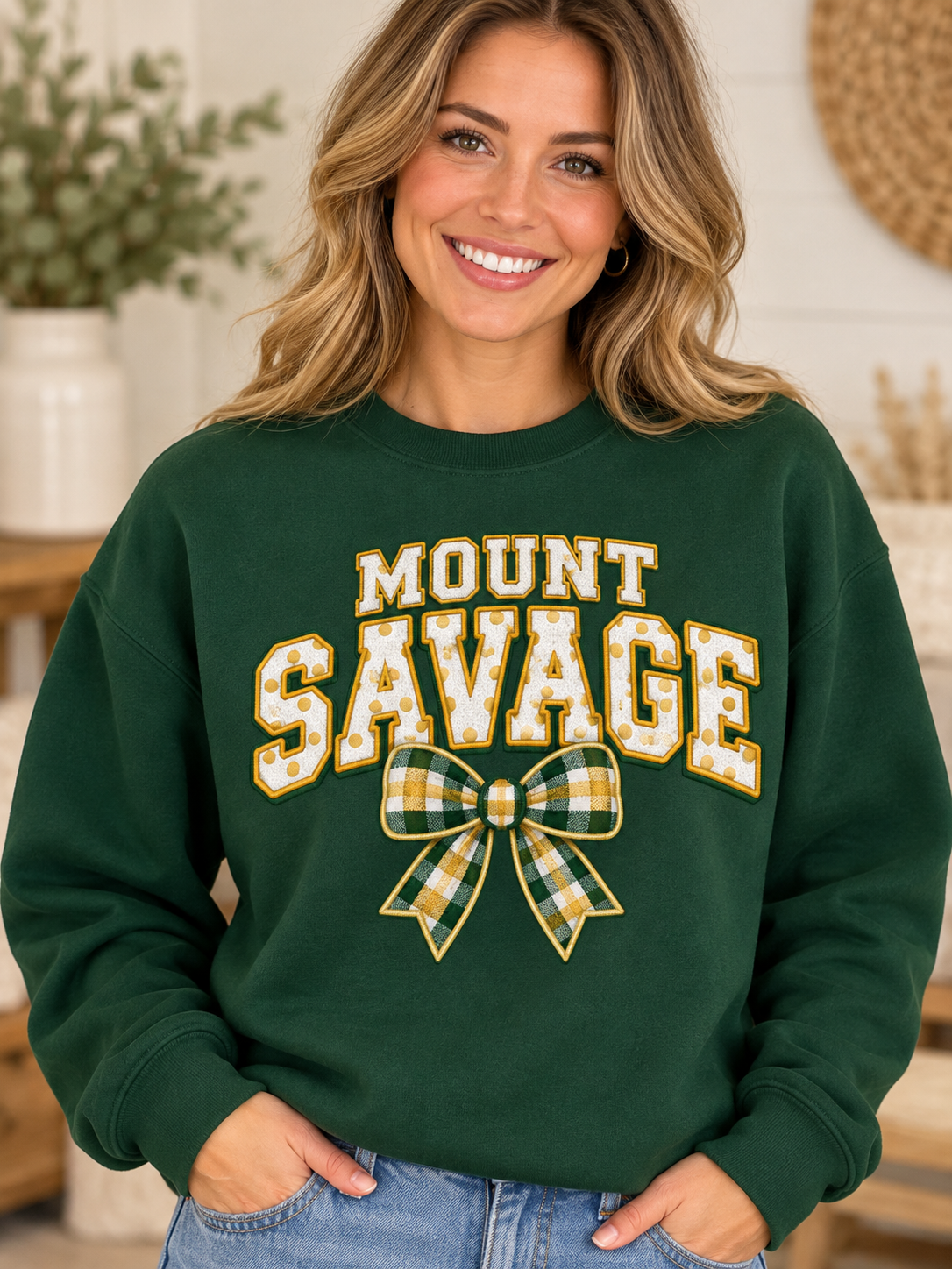 Mount Savage Gingham Bow Forest Green Crewneck