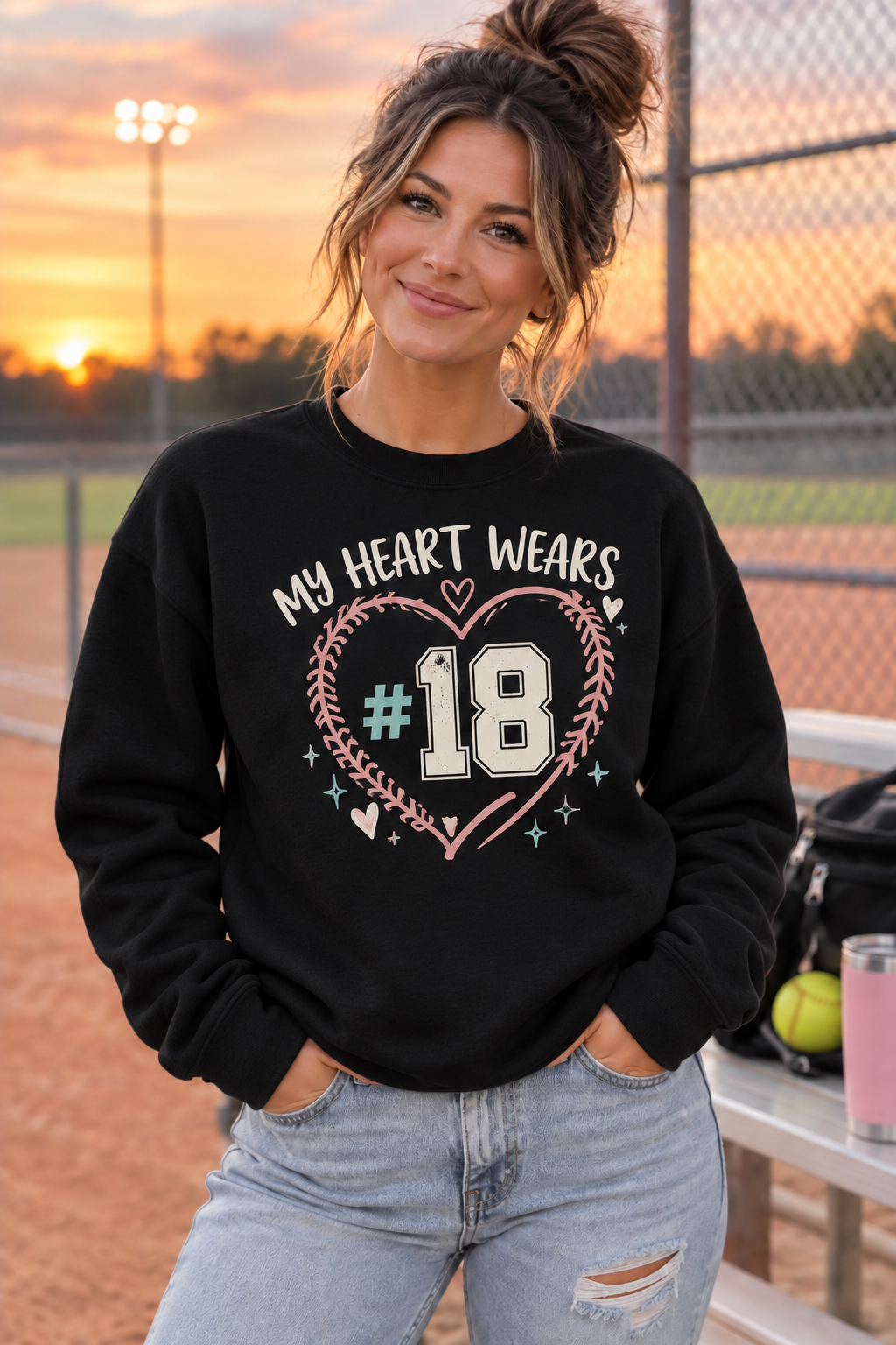 Woman wearing Black My Heart Wears personalized number crewneck