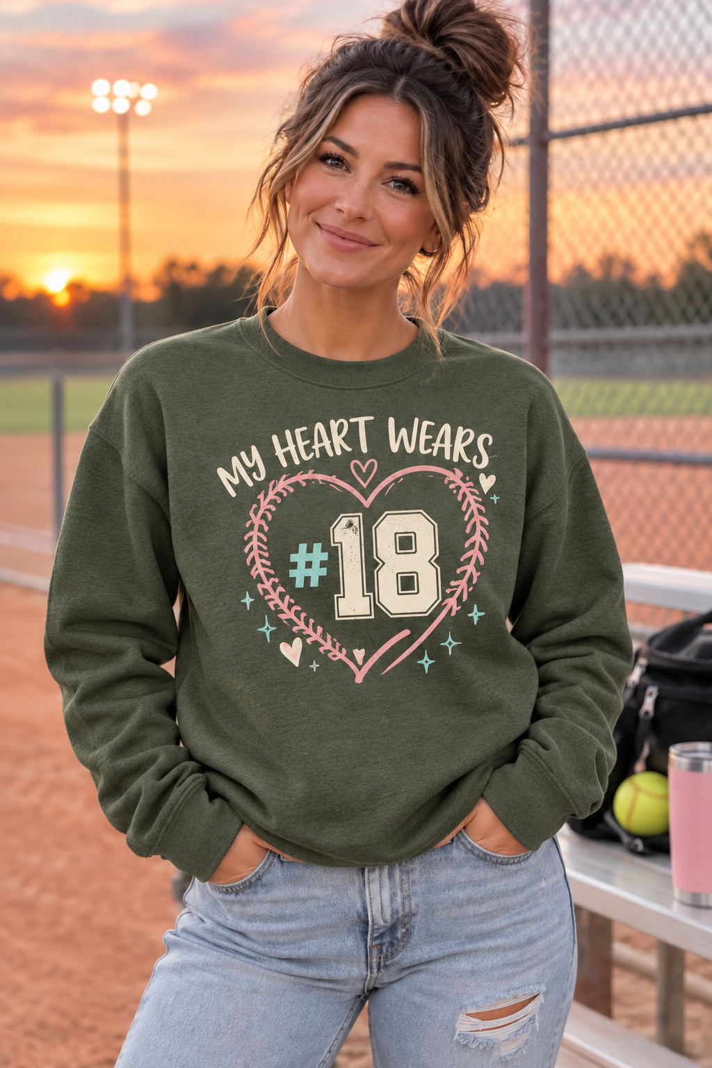 Woman wearing Military Green My Heart Wears personalized number crewneck