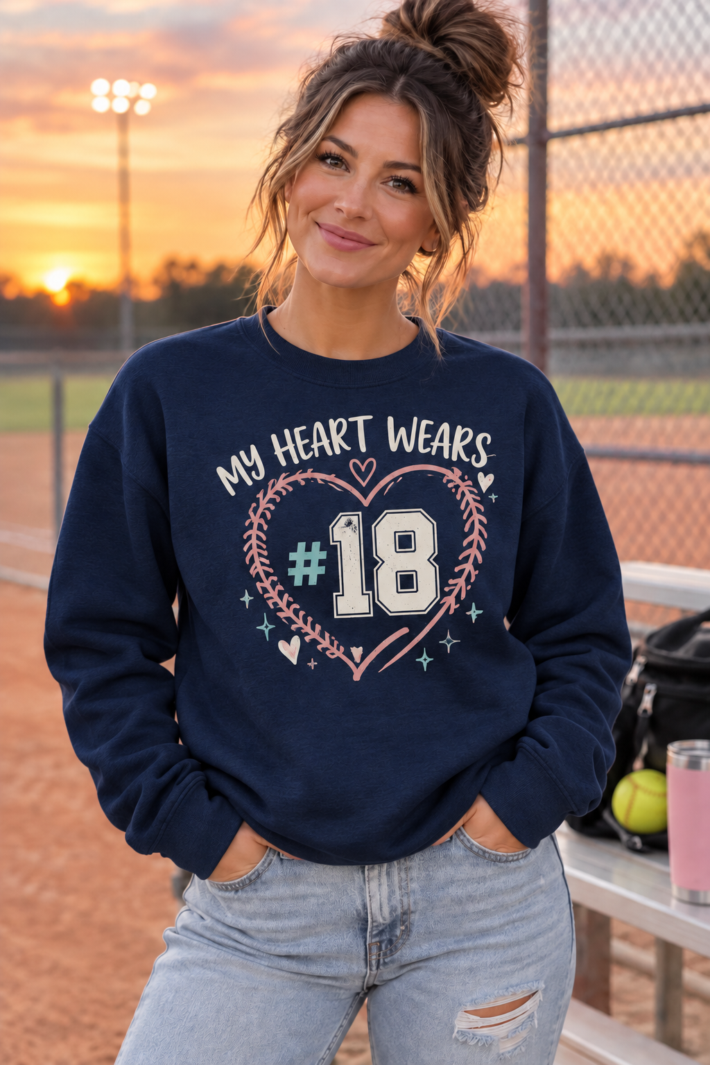 Woman wearing Navy My Heart Wears personalized number crewneck
