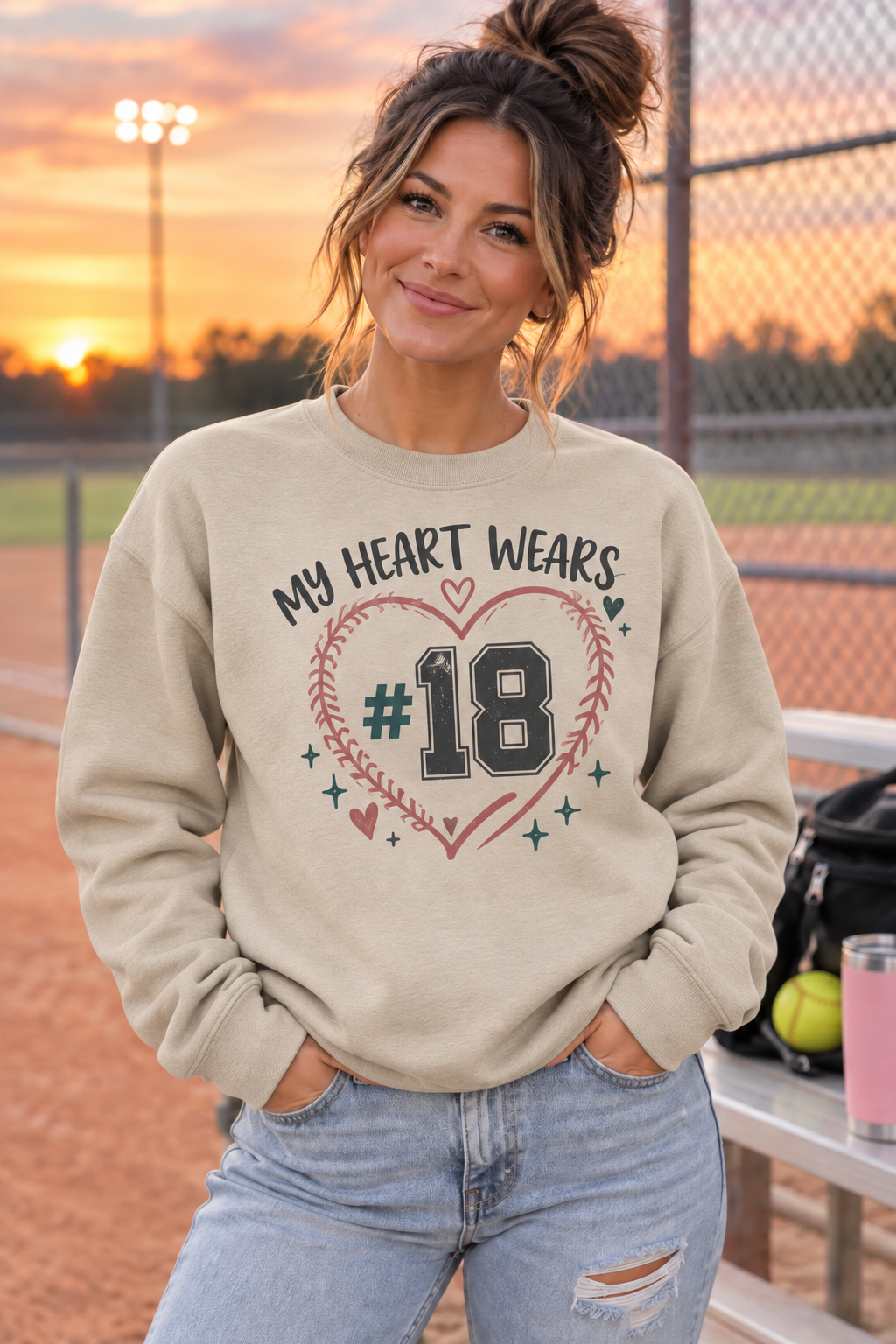 Woman wearing Sand My Heart Wears personalized number crewneck