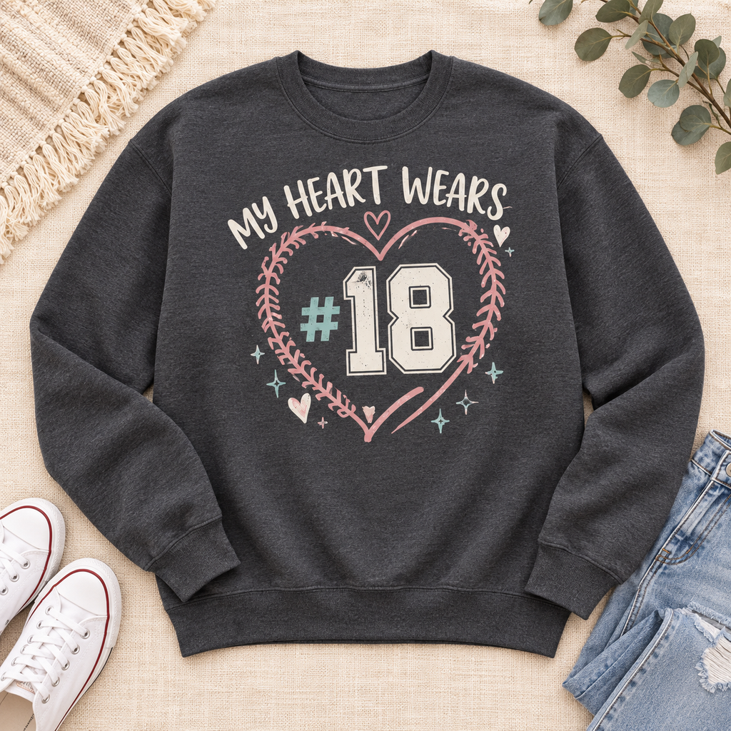 Charcoal My Heart Wears personalized player number crewneck flat lay