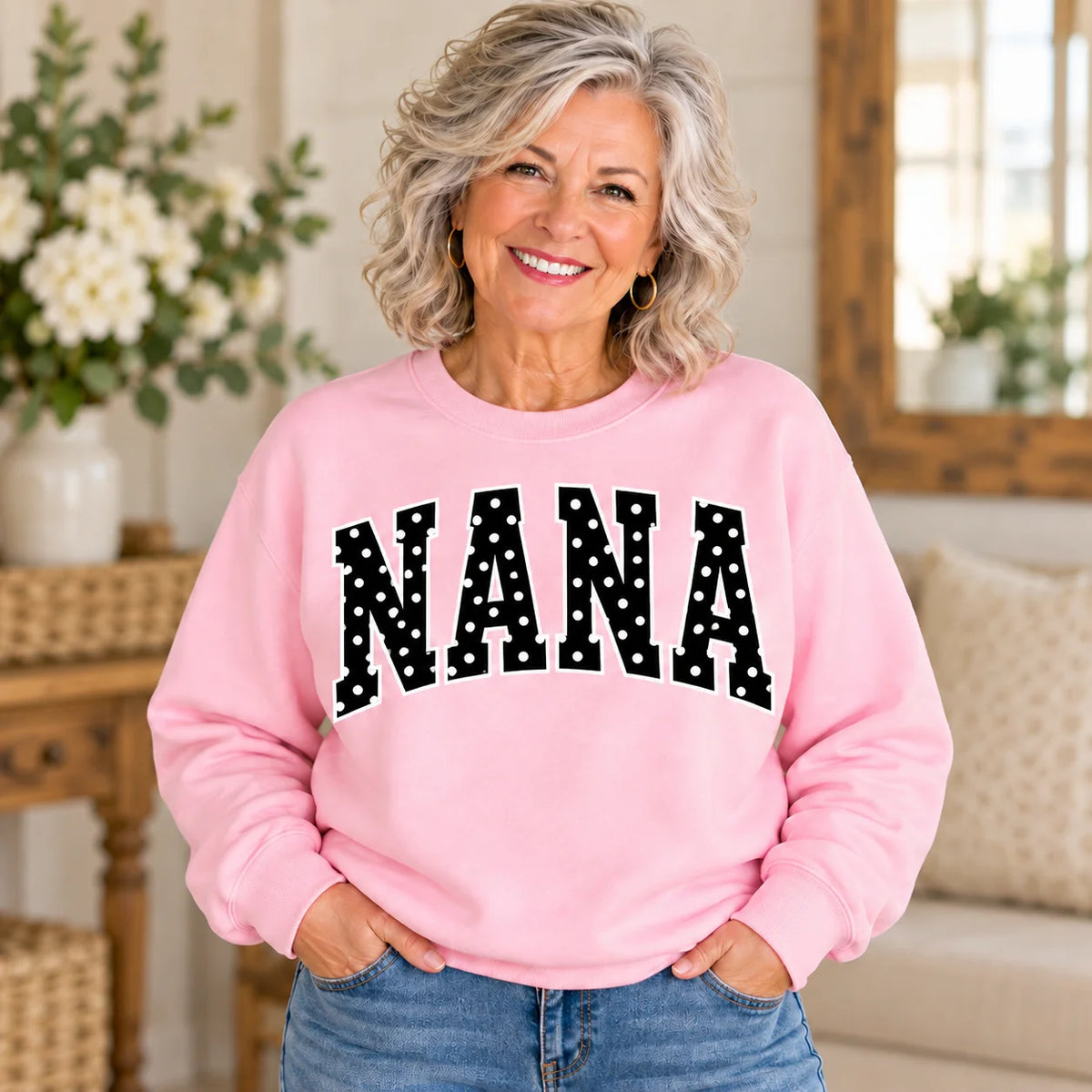 NANA Pink Polka Dot Crewneck on older woman