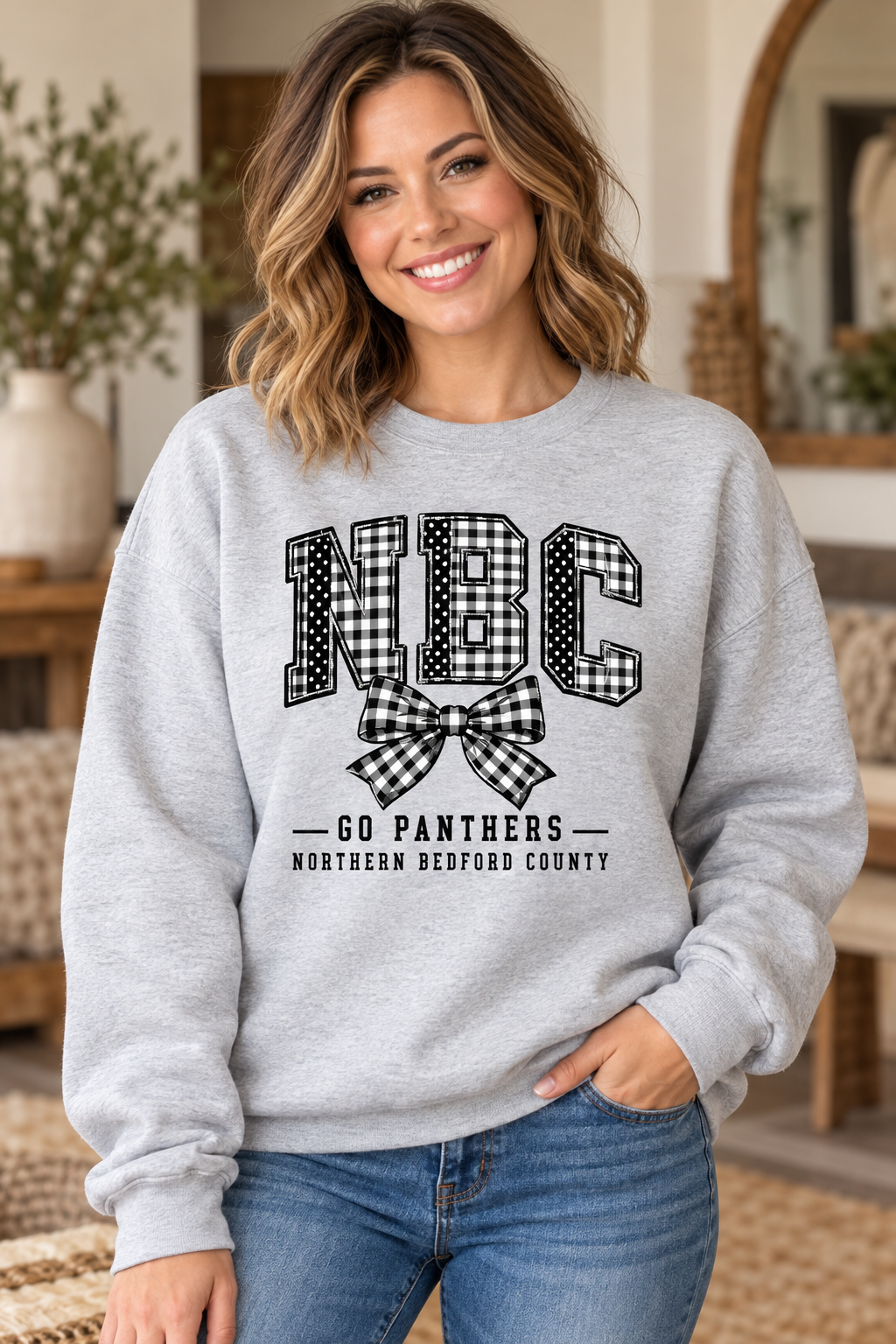 Northern Bedford County NBC Patchwork Bow Ash Gray Crewneck