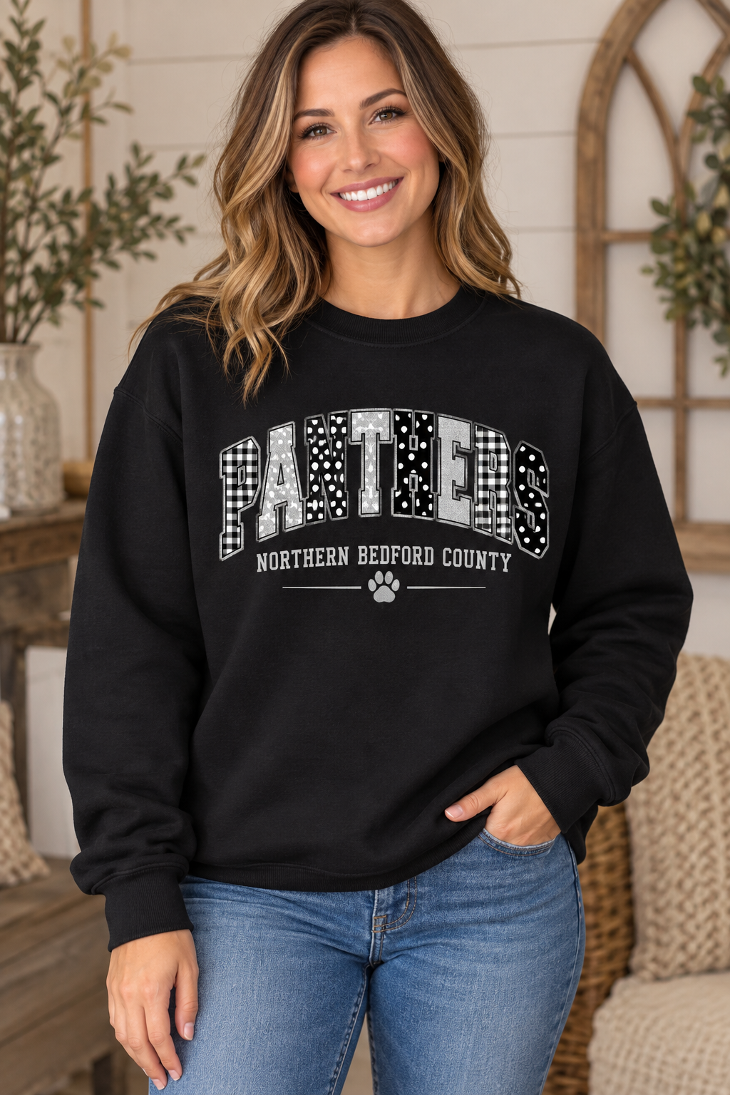 Northern Bedford County Panthers Patchwork Black Crewneck