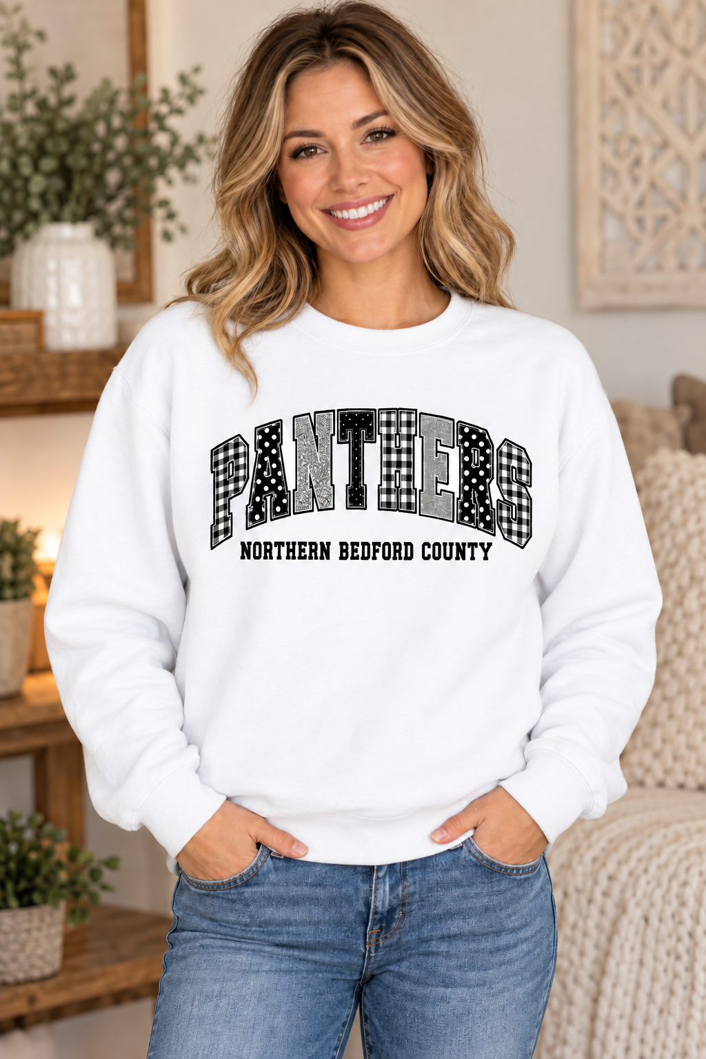Northern Bedford County Panthers Patchwork White Crewneck