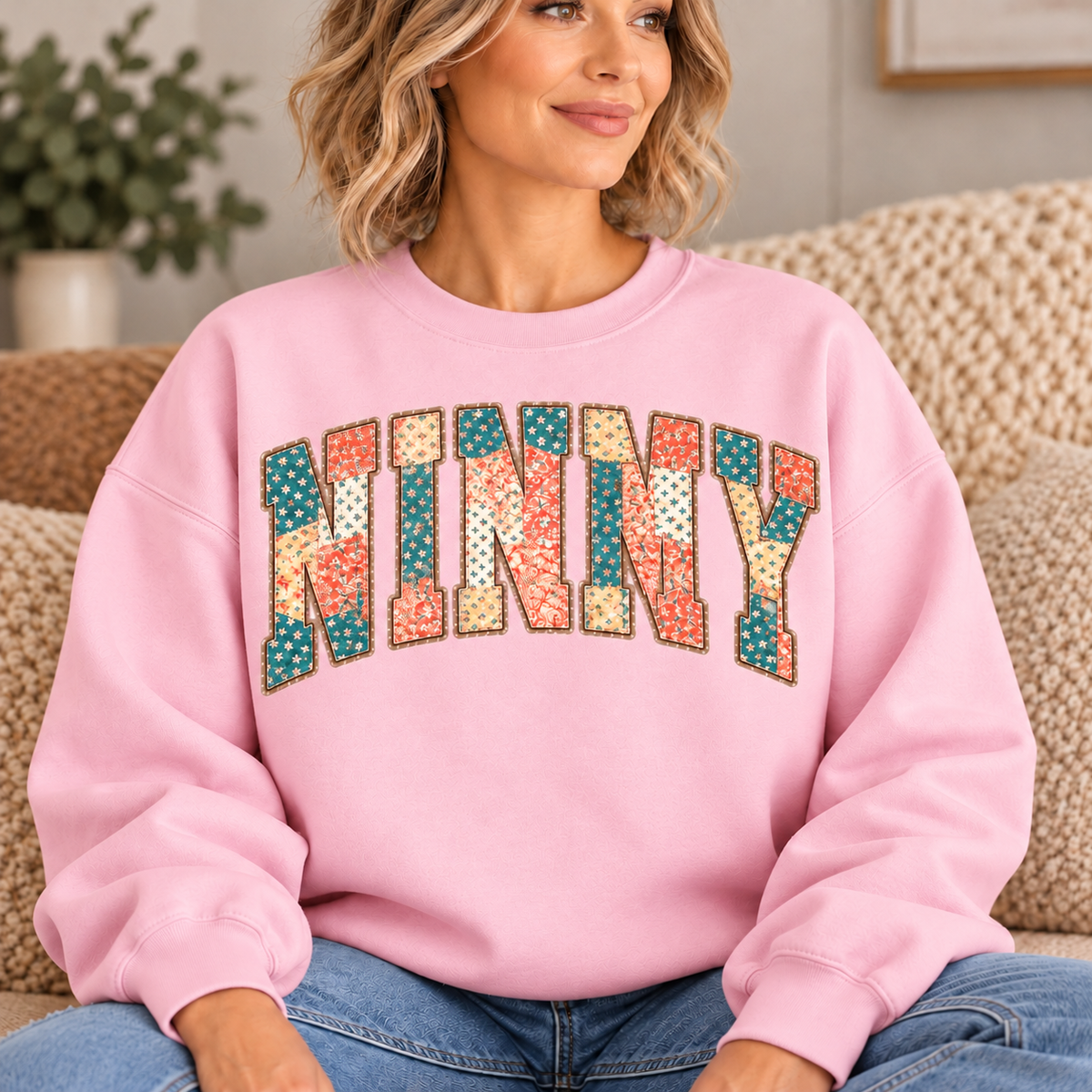 NINNY Pink Floral Patchwork Crewneck