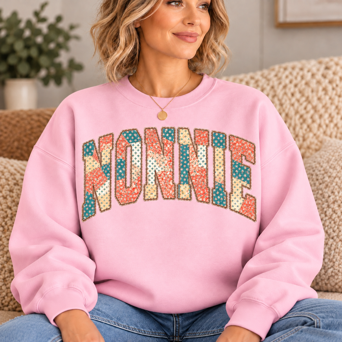 NONNIE Pink Floral Patchwork Crewneck