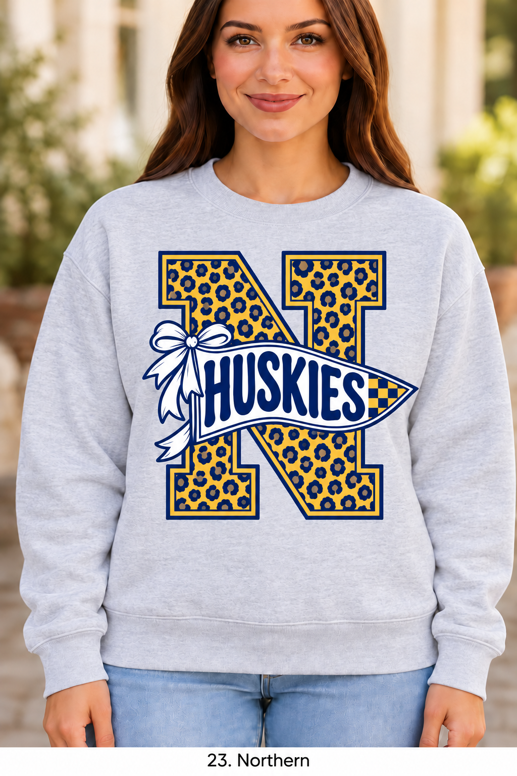 Northern Garrett Huskies Cheetah Pennant Bow Sport Gray Crewneck