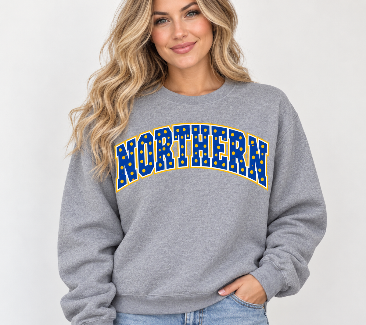 Model wearing heather gray NORTHERN polka dot crewneck
