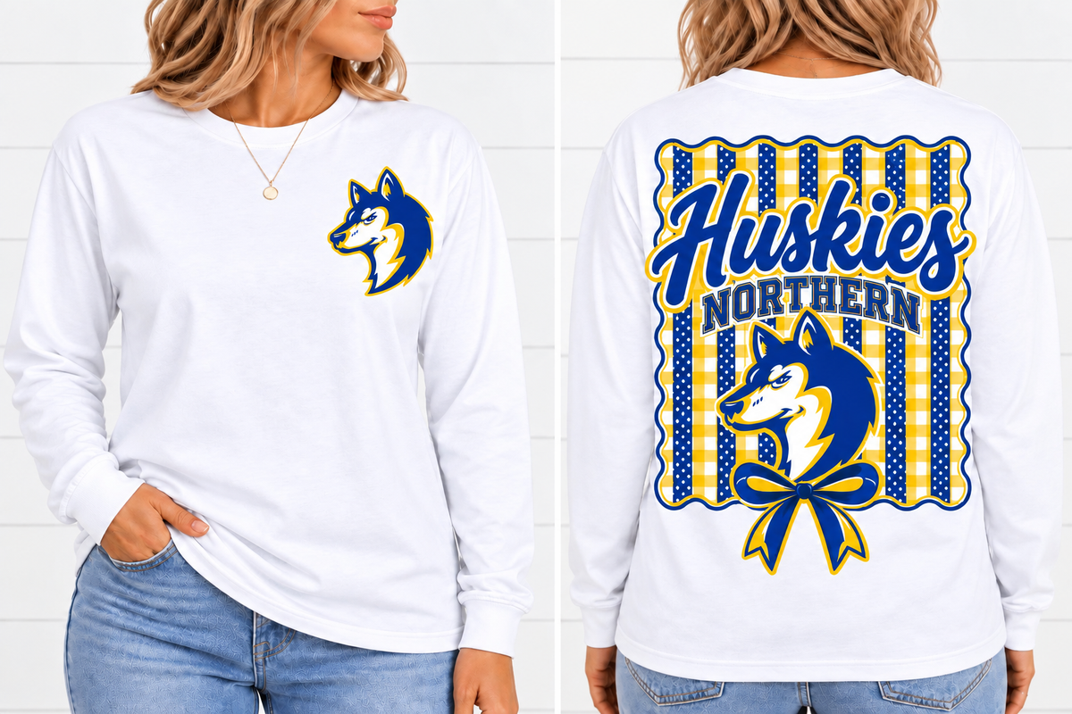 Northern Huskies Front and Back White Long Sleeve front and back on model