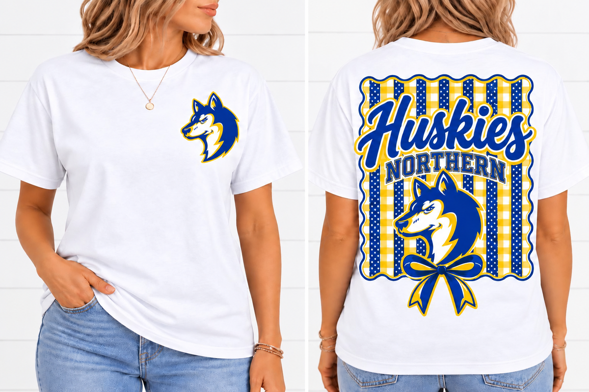 Northern Huskies Front and Back White T Shirt front and back on model