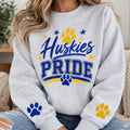 Huskies Pride ash crewneck with blue and gold chest design and sleeve paw prints