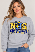 Woman wearing Heather Gray Northern NHS Go Huskies crewneck