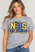 Woman wearing Heather Gray Northern NHS Go Huskies T shirt