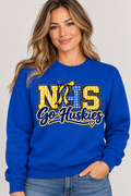 Woman wearing Royal Blue Northern NHS Go Huskies crewneck