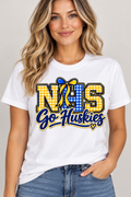 Woman wearing White Northern NHS Go Huskies T shirt