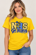 Woman wearing Yellow Northern NHS Go Huskies T shirt